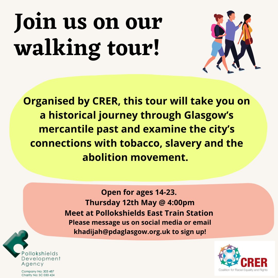 Join us on our walking tour led by <a href="/crer_scotland/">CRER</a> this Thursday! We will be leaving promptly from Pollokshields East train station to head into the city centre where the tour will begin - please get in touch if you have any questions 😊
