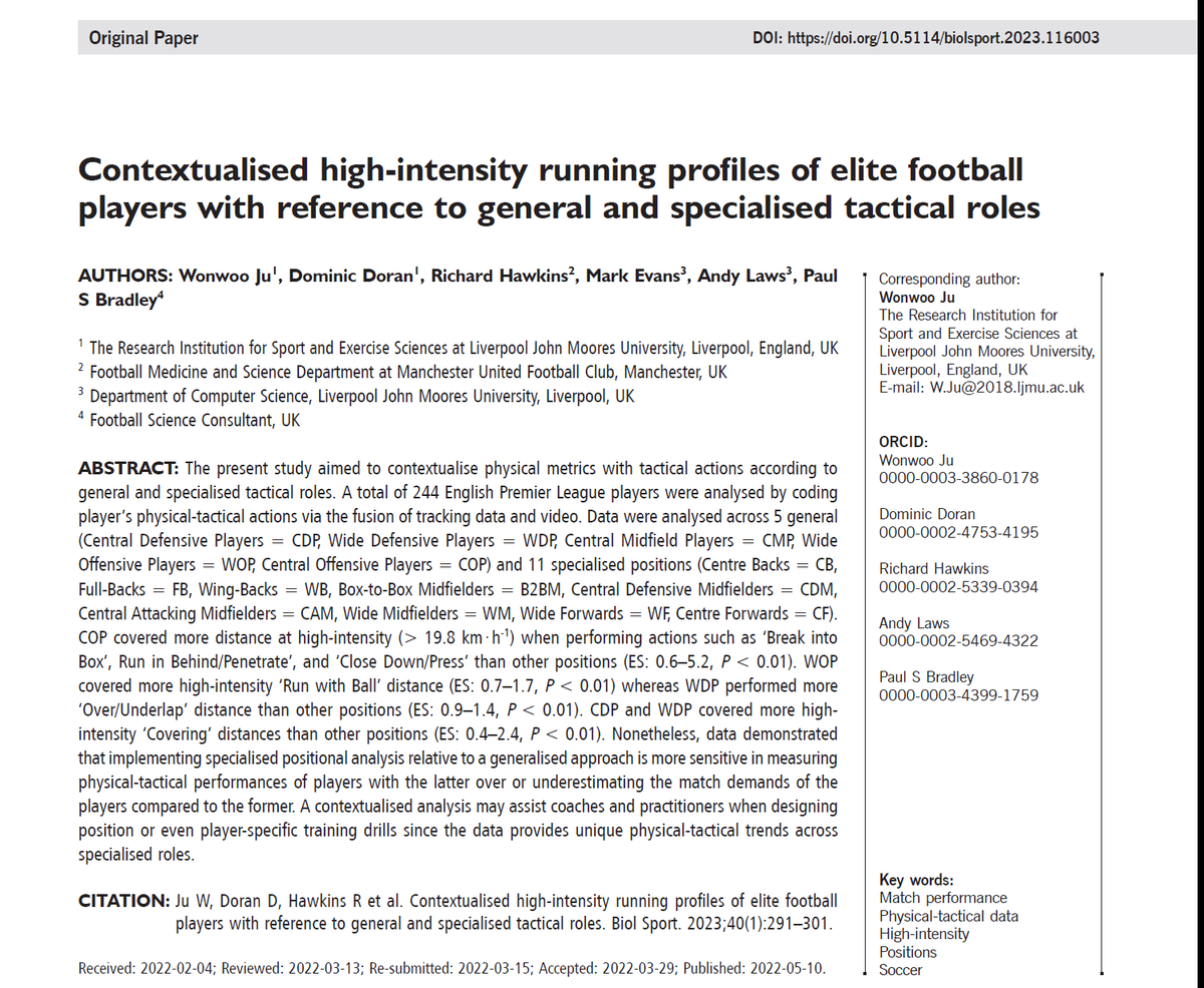 BiolSport's tweet photo. [🆕Paper] Contextualised high-intensity running profiles of elite football players with reference to general and specialised tactical roles
✍️by: @wonwoo_ju, Dominic Doran, Richard Hawkins et al. 
🔓#OpenAccess: https://t.co/FLpOSKNw47
 
@ContextIsKing9 @LJMU @ManUtd https://t.co/tISZSfU90K