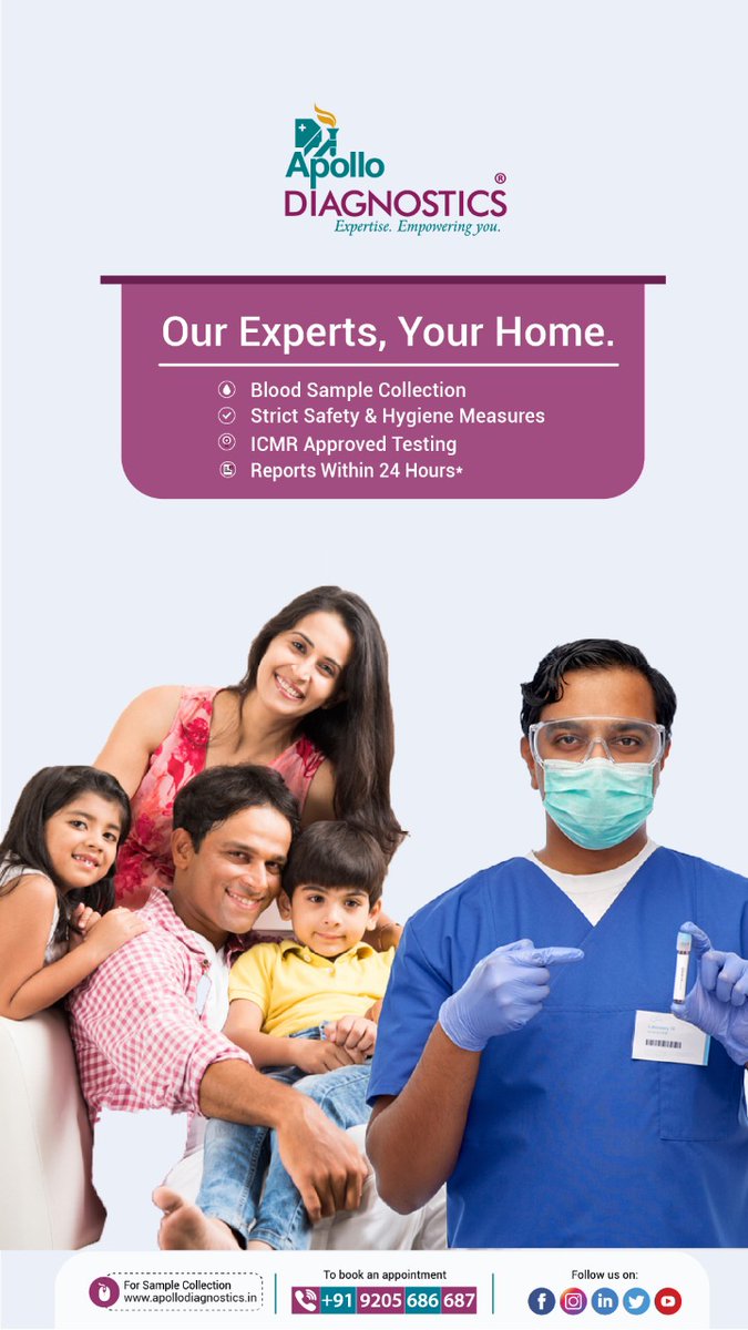 apollodiag's tweet photo. Check your health at the comfort of your home. Schedule an appointment and our team of phlebotomists will reach your doorstep to collect the samples.
To book a home collection, visit:- https://t.co/4WQPSVOuLz or dial 040-4444 2424.
#TestWithTheBest #ApolloDiagnostics #Apollo https://t.co/JXAKlegYEi