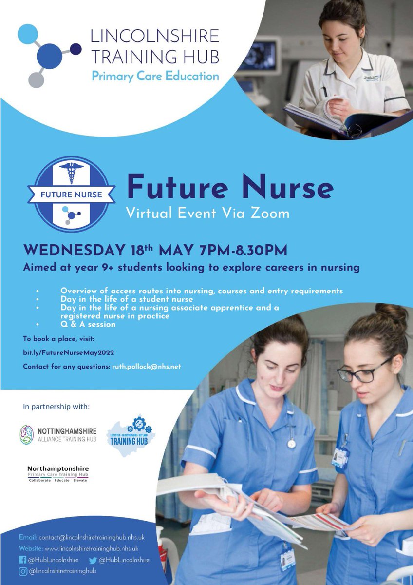 Calling all secondary school students in year 9+ in the East Midlands. Are you interested in finding out more about nursing? Free online event to learn about entry requirements, apprenticeships, student life, and a day in the life. 

To sign up, visit: eventbrite.co.uk/e/333939210167