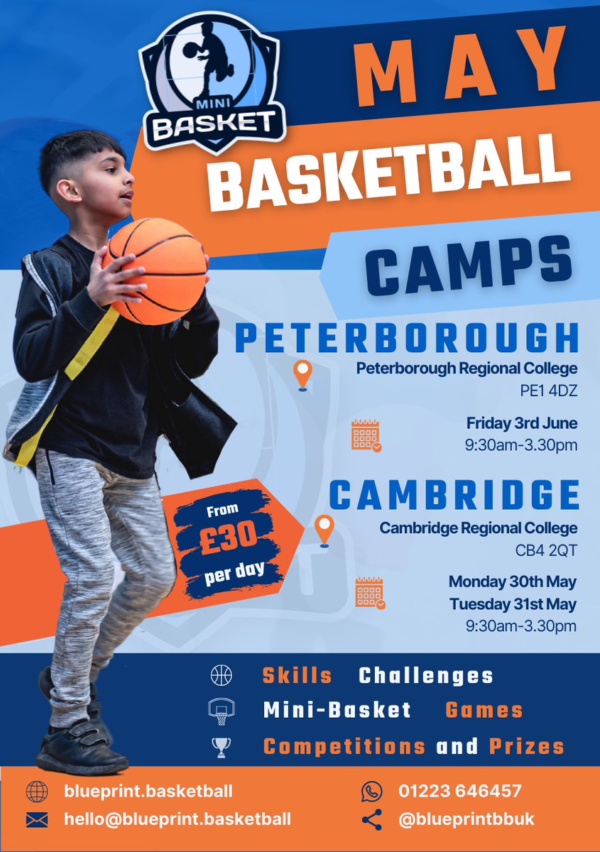blueprintbbuk's tweet photo. MAY HALF-TERM BOOKINGS NOW LIVE! 💙🏀

📍Cambridge Regional College
📆 Monday 30th May and Tuesday 31st May

📍Peterborough Regional College
📆 Friday 3rd June

Check out the link in our website book now or find out more!

https://t.co/Zd80ggb9sy https://t.co/VkTWKDhKv7