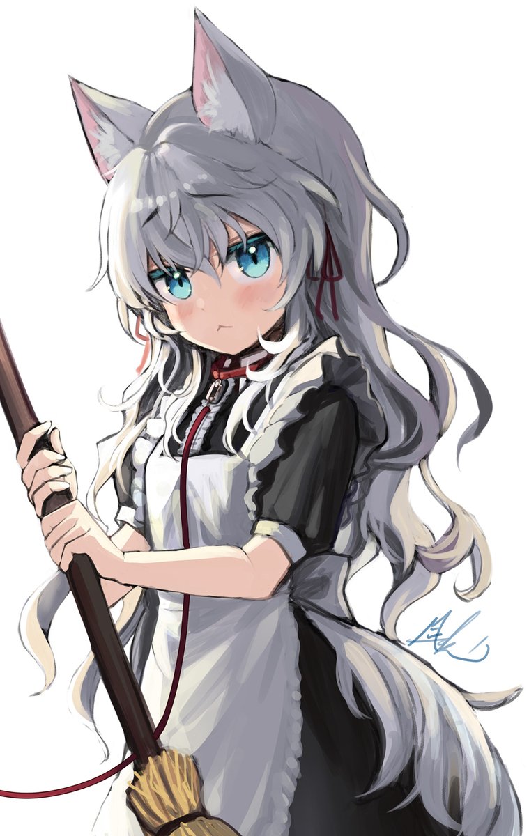 1girl animal ears solo maid broom apron blue eyes  illustration images