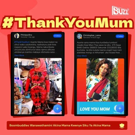 BoombuzzTZ's tweet photo. Kila siku ni Siku ya Mama! Tazama jinsi Boombuddies wanavyowathamini Akina Mama kwenye jumuiya ya Boomplay Buzz!

*Subscription ya wiki itatumwa ndani ya siku 7. https://t.co/fe01DqSVYM