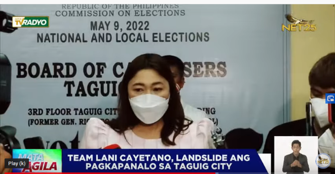 NET25TV's tweet photo. Landslide ang pagkapanalo sa Taguig City ng Team Lani Cayetano, I via @virnalynamado #NET25MataNgHalalan https://t.co/ArwNa7zJuI