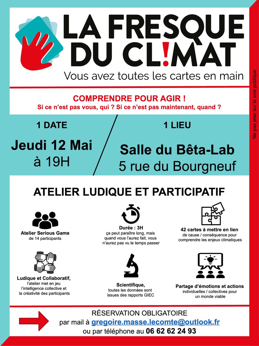 VilledeMelle's tweet image. [Fresque du Climat] Venez participer le jeudi 12 mai à 19h à un atelier ludique et participatif autour de la question du climat proposé en partenariat avec la La Bêta-Pi - Melle ! 
Pensez à réserver votre place auprès de Grégoire !
#villedemelle #BetaPi #fresqueduclimat #atelier