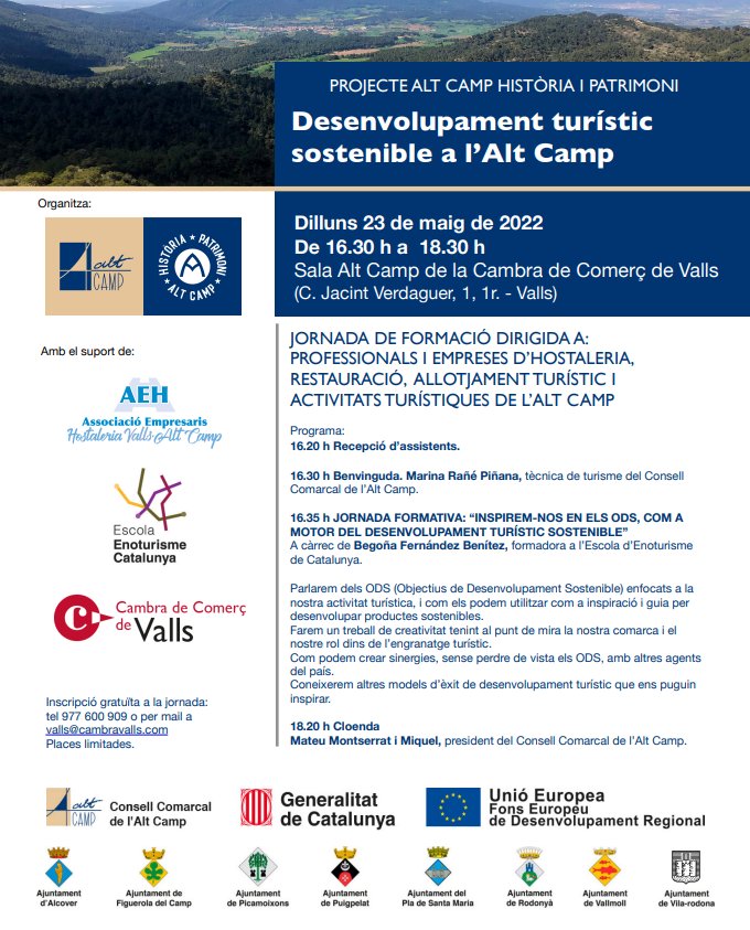 La Cambra us convida a la jornada formativa organitzada pel <a href="/ConsellAltCamp/">Consell Comarcal de l'Alt Camp</a>
➡️“Inspirem-nos en els #ODS com a motor del desenvolupament turístic sostenible”, a càrrec de Begoña Fernández, formadora de l'Escola <a href="/enoturismEDU/">Escola Enoturisme Catalunya</a>  
 🗓️23 maig
🕓 16:30
Inscriu-te a valls@cambravalls.com