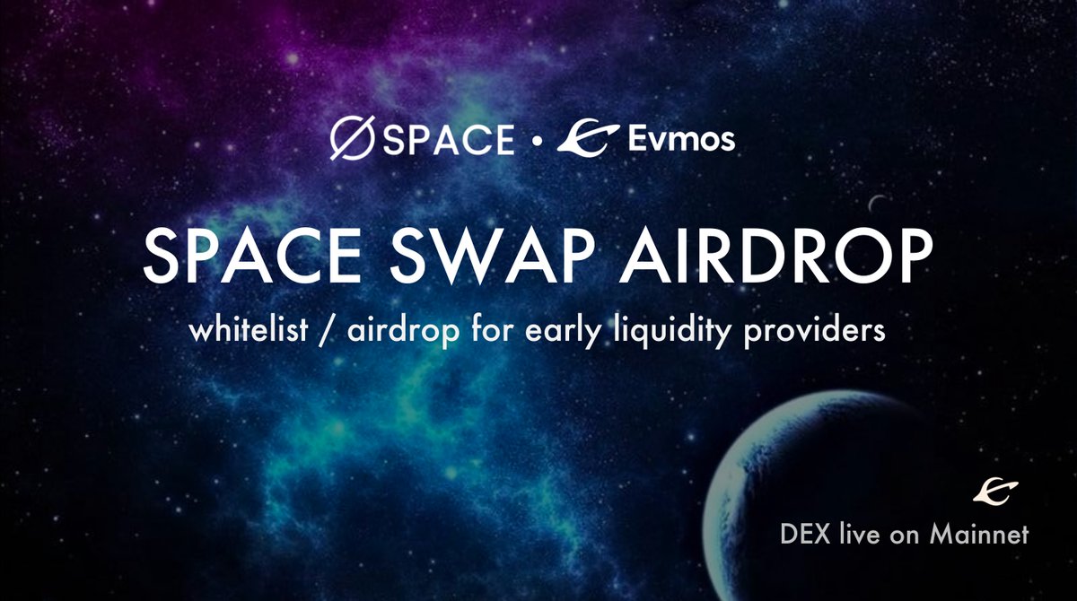 1/ We're excited to launch Space Swap on <a href="/EvmosOrg/">Evmos // evmOS ☄️</a> mainnet, with airdrop and whitelists for early liquidity providers in Space Swap before farm launching.

Farm+NFT+Starter+Spacebase, stay tuned.

Spacers🪐, let's begin the voyage of discovery👇
#Cosmos #EVMOS #zksync