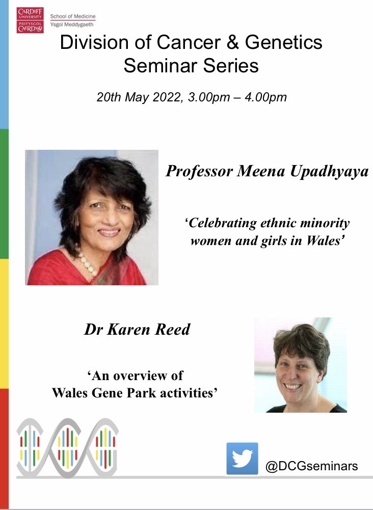 DCG Seminar Series (@dcgseminars) on Twitter photo Our next talks features two fabulous #WomenInSTEM. First <a href="/MeenaUpadhyaya/">Meena Upadhyaya OBE PhD FRCPath FLSW</a> will be celebrating achievements of ethnic minority women in wales 🏴, then @DrScienceOwl updates on activities of <a href="/WalesGenePark/">Wales Gene Park</a>. Please join us on 20/05, 3-4pm. #seminar #network. Our next talks features two fabulous #WomenInSTEM. First <a href="/MeenaUpadhyaya/">Meena Upadhyaya OBE PhD FRCPath FLSW</a> will be celebrating achievements of ethnic minority women in wales 🏴, then @DrScienceOwl updates on activities of <a href="/WalesGenePark/">Wales Gene Park</a>. Please join us on 20/05, 3-4pm. #seminar #network.