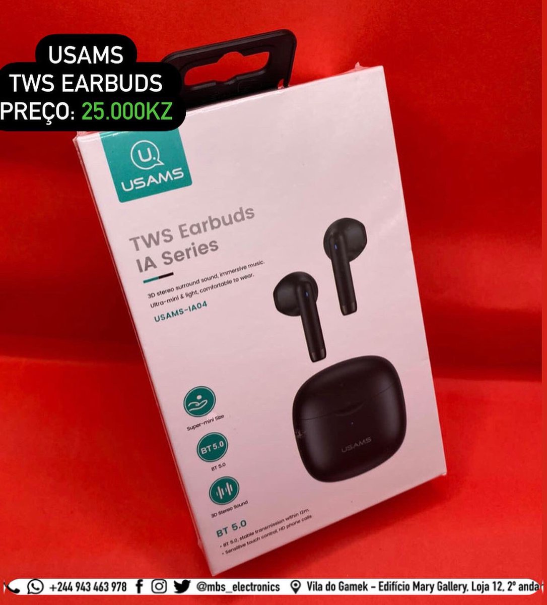 mbs_electronics's tweet photo. USAMS
TWS Earbuds [Novo]

Super-mini size
BT 5.0
3D stereo sound
Sensitive touch control 

Preço: 25.000,00 AOA

Agradecemos a preferência e a confiança nos nossos produtos. 🤝 

#Usams #LojaMBS #MBS #TEAM_MBS #MBS_Electronics #angolaempreende 🇦🇴💯 https://t.co/CmTlhMj2s8
