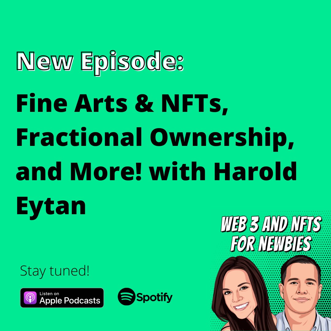 Web 3 and NFTs 4 Newbies (@nfts4newbies) on Twitter photo We are joined by Harold Eytan (<a href="/haroldeytan/">haroldeytan</a>), CEO of Particle Collection, to talk about fractional ownership, fine arts & NFTs, and more on tomorrow’s episode! Stay tuned!
Apple Podcasts: podcasts.apple.com/us/podcast/nft…
Spotify: open.spotify.com/show/4sxULwCT9… We are joined by Harold Eytan (<a href="/haroldeytan/">haroldeytan</a>), CEO of Particle Collection, to talk about fractional ownership, fine arts & NFTs, and more on tomorrow’s episode! Stay tuned!
Apple Podcasts: podcasts.apple.com/us/podcast/nft…
Spotify: open.spotify.com/show/4sxULwCT9…