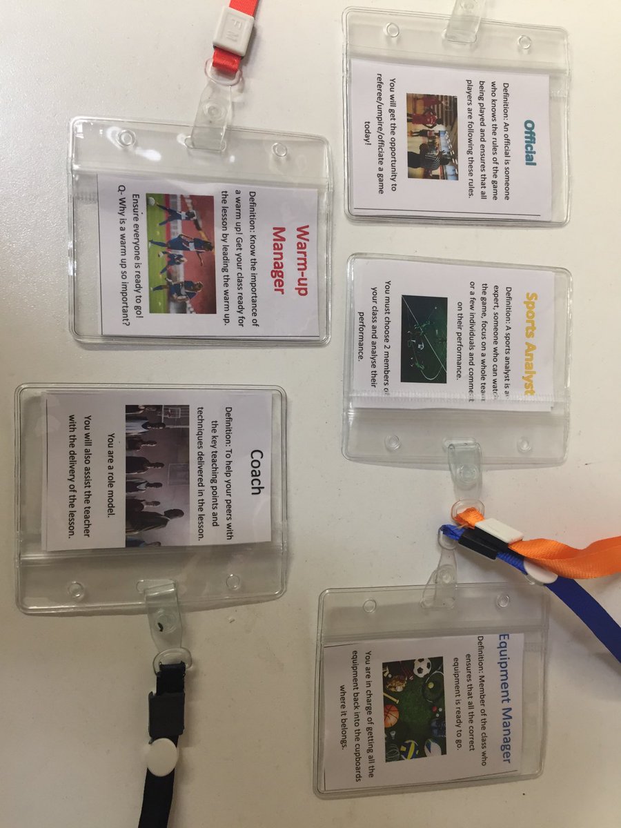 paulsammonPE's tweet photo. A great idea to have different roles on lanyards for students to engage with during #PhysEd 👍⁦⁦@MissHale_PE⁩ ⁦@UoB_PhysEd⁩ ⁦⁦⁦ https://t.co/Mk8gEcPCH7
