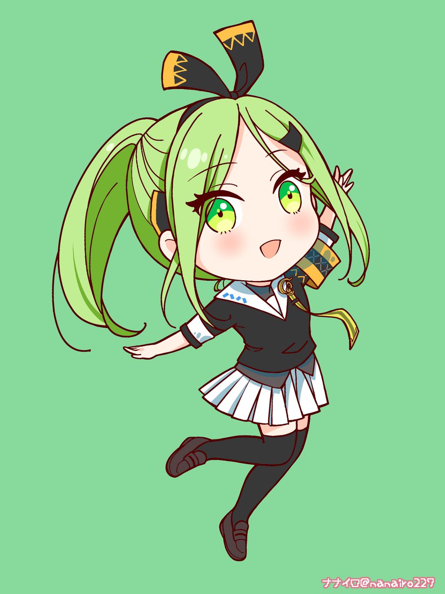 1girl solo green hair green eyes thighhighs ponytail skirt  illustration images