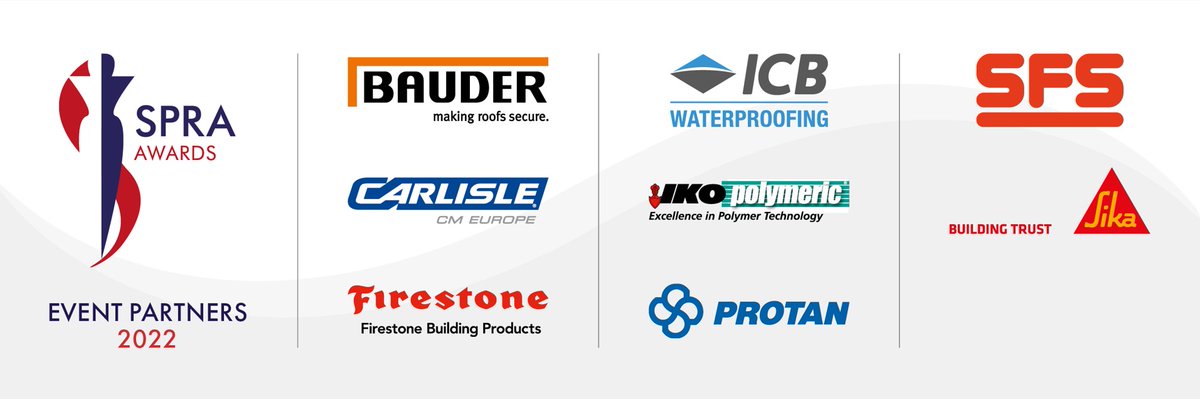 SPRA is proud to announce our Event Partners for this years SPRA Awards and Luncheon.
<a href="/BauderLtd/">Bauder Flat Roofs</a> <a href="/CARLISLE_CM_UK/">CARLISLE_CM UK</a> <a href="/FirestonebpUK/">FirestonebpUK</a> <a href="/icb_uk/">ICB Waterproofing+</a> <a href="/ikopolymeric/">IKO Polymeric</a> @ProtanUKLtd <a href="/SikaLimited/">Sika UK</a> #ProtanUKLtd #SFSGroup   
Tickets available here: tickettailor.com/events/spraawa…
