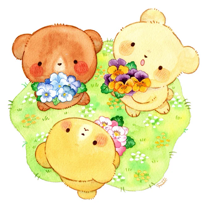 ビオラの花束を作るこぐまちゃん 