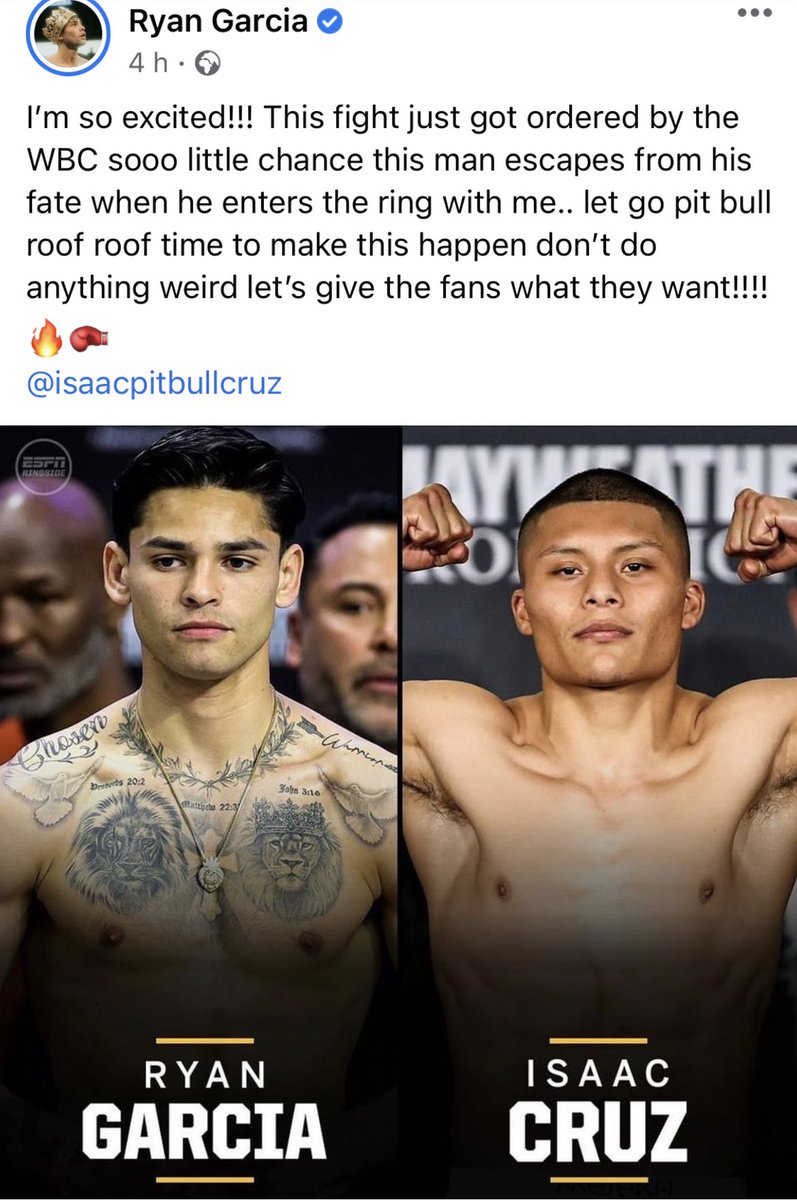 reloaded_mma's tweet photo. OHHH HELL YEAH !!!!!
THE YOUNG KING RYAN GARCIA 22 - 0
VS THE PITBULL ISSAC CRUZ 23 - 2 - 1 .
LETS THROWDOWN !!
#Boxing #GarciaCruz #ShowTimeBoxing #ESPNBoxing #MMA #MMAReloaded #ESPN #Showtime #RyanGarcia #TheKing #Pitbull #IssacCruz #Throwdown #ToeToToe https://t.co/c48nRXhAus