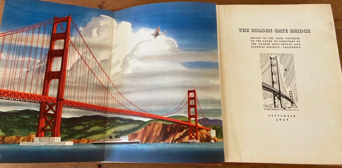 El libro institucional "Golden Gate Bridge" con el Informe del ingeniero jefe, se publicó en 1937-38 en edición limitada y numerada. Contiene planos originales del proyecto.