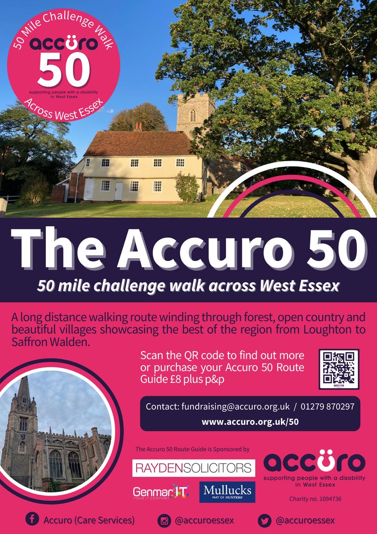 AccuroEssex's tweet photo. The Accuro 50 is a 50-mile, long distance walking route in West Essex conceived to link the whole region, from Loughton to Saffron Walden, where Accuro runs services.
Find out more and buy your route guide today at: https://t.co/ZVWFEvf8yZ
#Accuro50 #ChallengeWalk https://t.co/OaOsrDfPdf