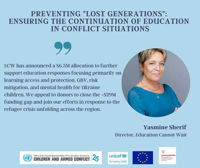 KentPage's tweet photo. "#ECW announced $6.5M to support #education responses on learning access/protection, #GBV risk mitigation & #MentalHealth for #Ukraine children. We appeal to donors to join us in responding to the #RefugeeCrisis."
@YasmineSherif1 at @EUatUN's #PreventingLostGenerations Event @un https://t.co/FmYyZnd19g