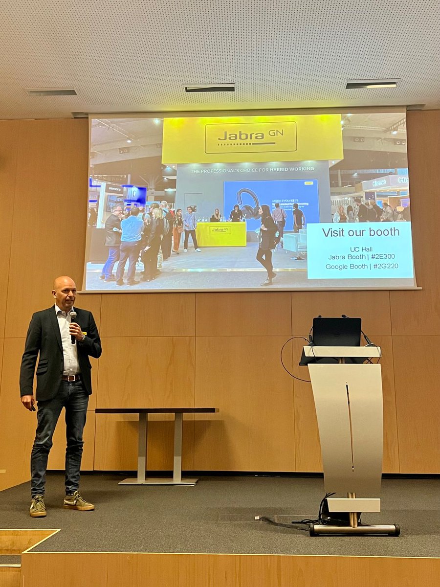 Wrapping up at the EMEA Google Meet Hardware Customer Summit at #ISE2022, Peter Hartmann, Senior Director Strategic Alliances takes the stage to speak about Jabra and <a href="/Google/">Google</a> hybrid working solutions. Learn more at the Jabra booth (2E300) and Google booth (2G220)! <a href="/ISE_Show/">ISE</a>