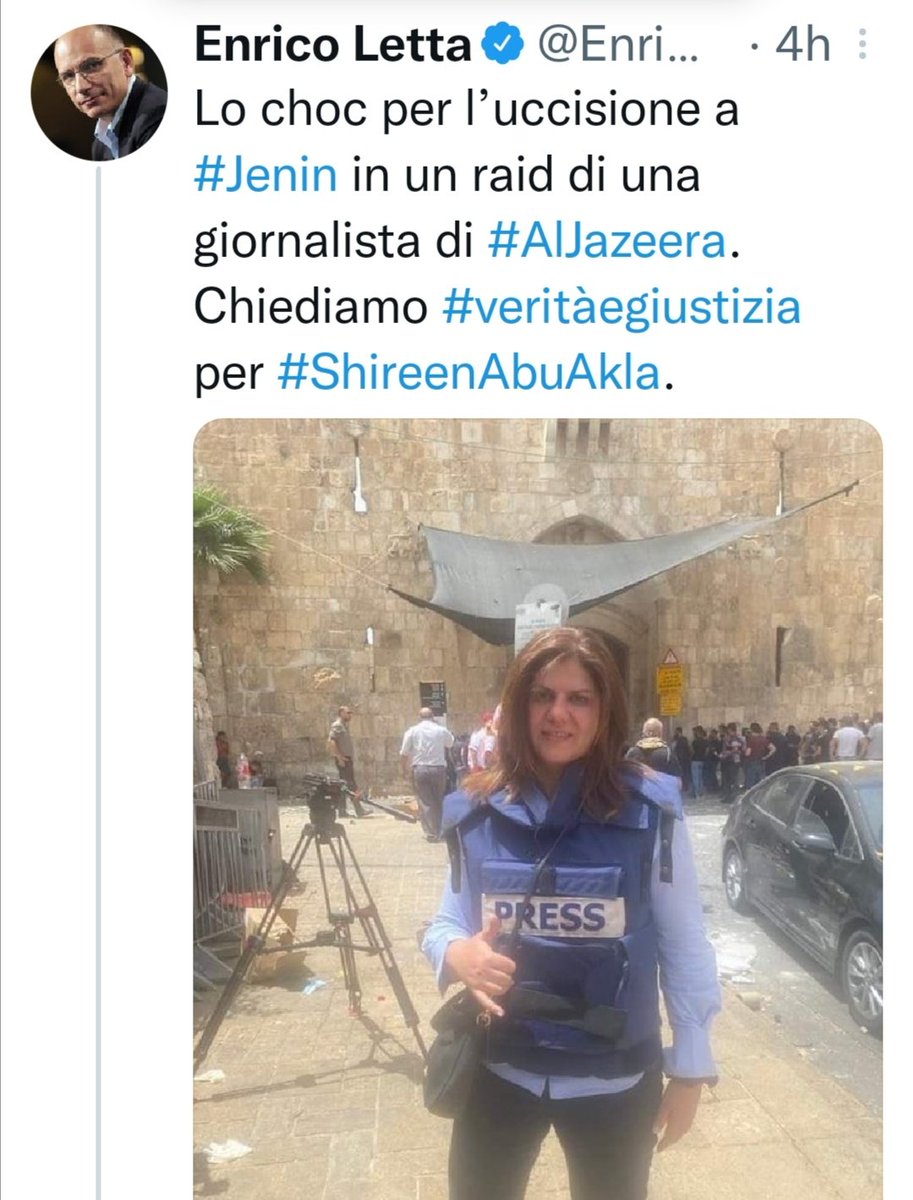 maurizioacerbo's tweet photo. Enrico Letta non riesce a condannare neanche l'assassinio di una giornalista se a commetterlo è l'esercito di Israele.

#ShireenAbuAqla https://t.co/kK97IGL5w3