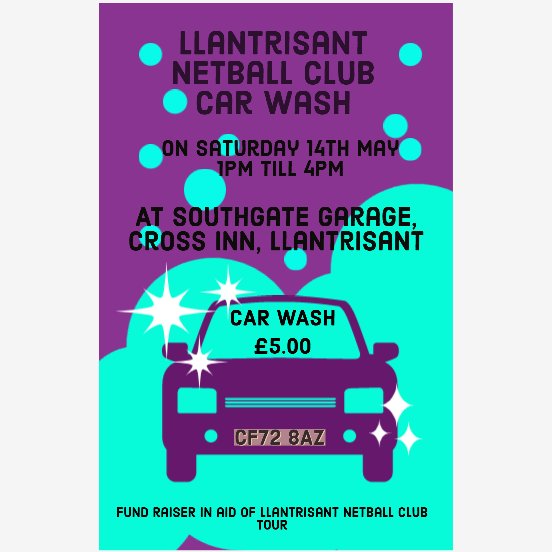 Llantrisant Netball Team are holding a car wash at Southgate Garage in Cross Inn, Llantrisant, CF72 8AZ.  Please come along and have your car hand washed for £5.00.  Tyre pressure checks and treads will also be available, along with screen wash top ups. 🚘