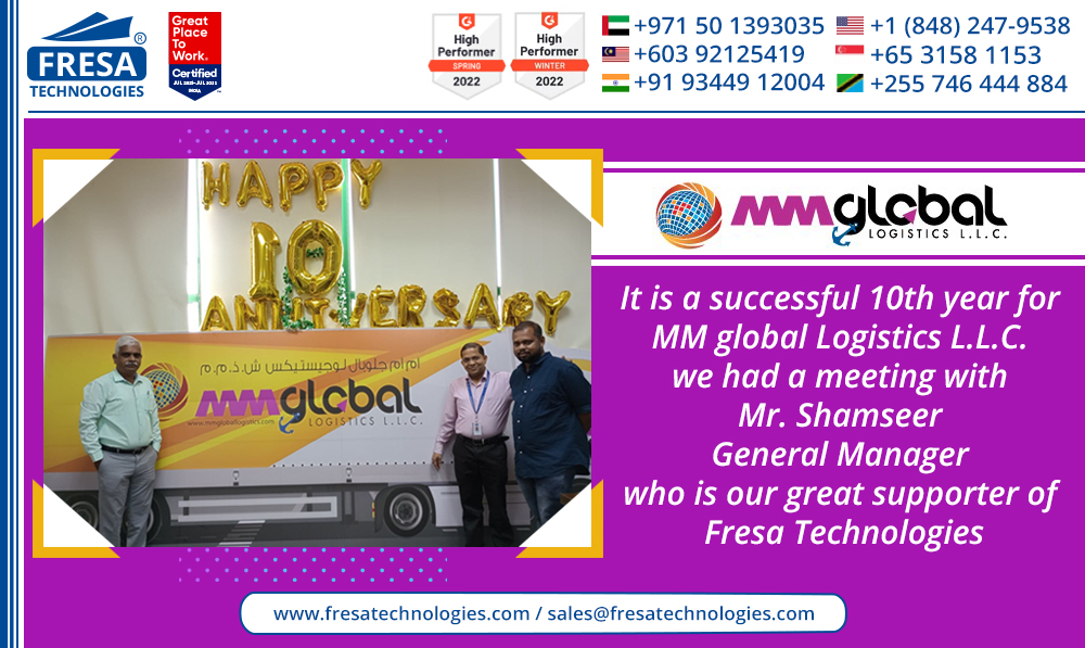 fresatechnology's tweet photo. It is a successful 10th year for MM Global Logistics LLC, where we had a meeting with Mr. Shamseer - General Manager, our great supporter of  Fresa Technologies.

#fresa #mmglobal #freightsolutions #freightforwarding 
#MMGlobalLogisticsLLC
#bestfreightforwardingsoftware #dubai https://t.co/WCGpiz7NHz
