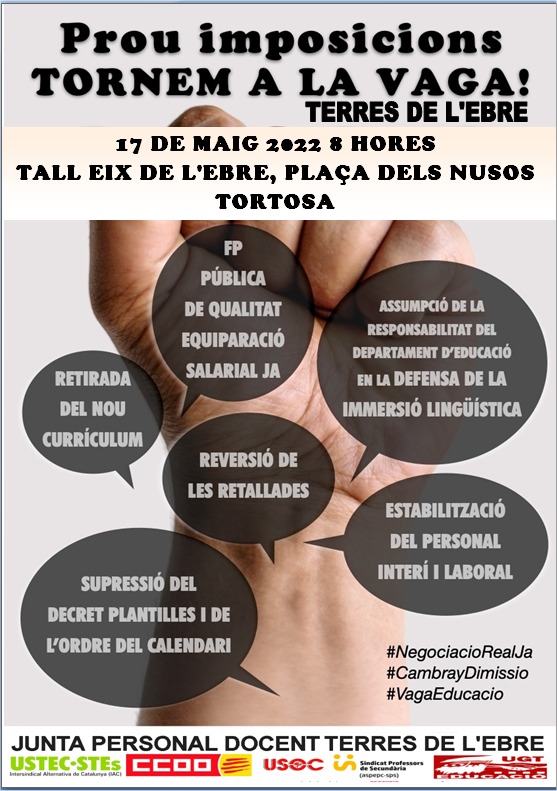 JuntaEbre's tweet photo. Continuem la lluita!, dimarts 17 jornada de vaga parcial de 8 a 10.
Tallem l'eix de l'Ebre. Fem-nos sentir! #VagaEducació #cambraydimissio https://t.co/FgDJoTWhUu