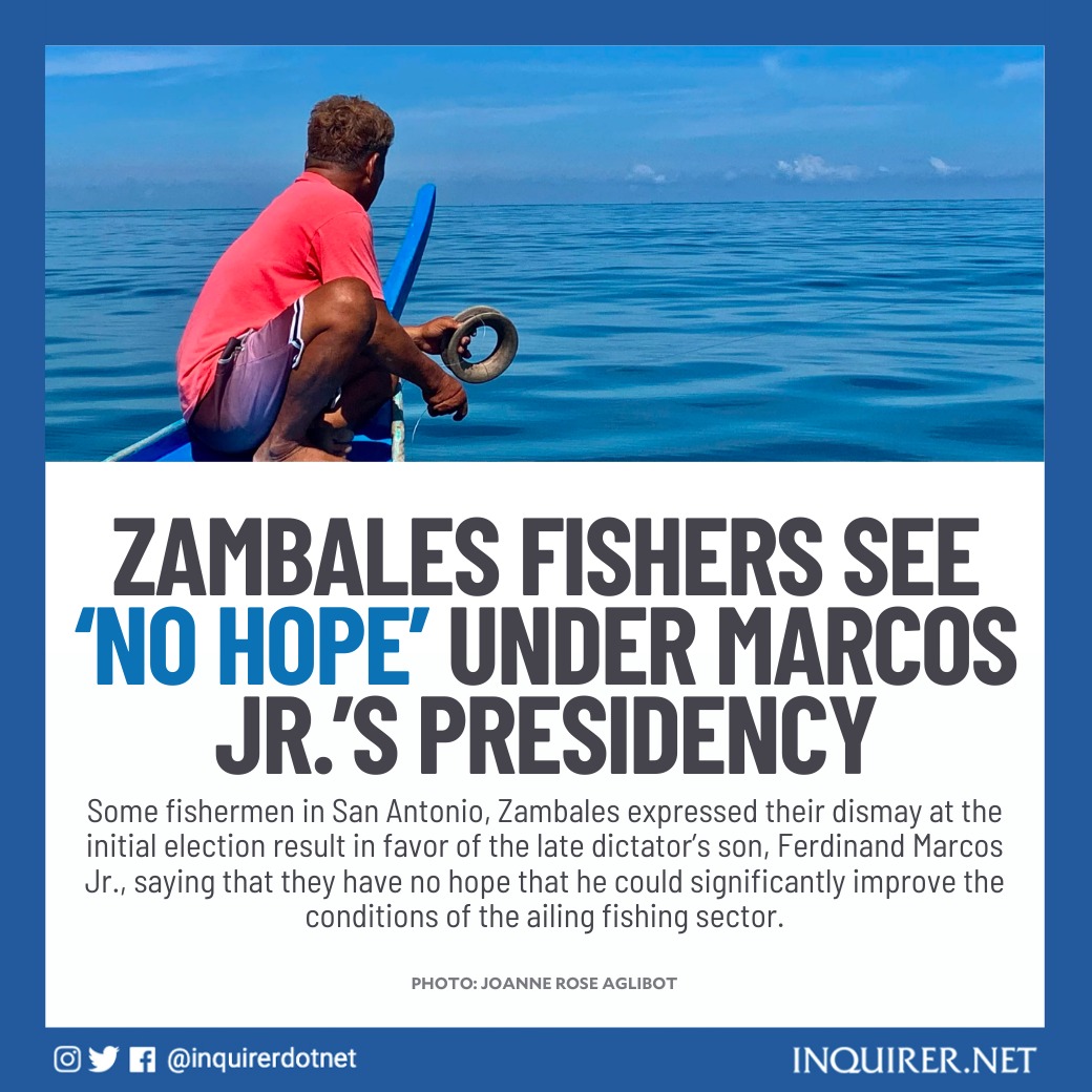 inquirerdotnet's tweet photo. Bobby Roldan, a fisherman in Masinloc, said aside from the high possibility of tyrannical rule under a Marcos Jr. regime, he has no track record in terms of agricultural and fisheries development. #VotePH

READ: https://t.co/7vQCg4XMMe https://t.co/1D2rw49dV8