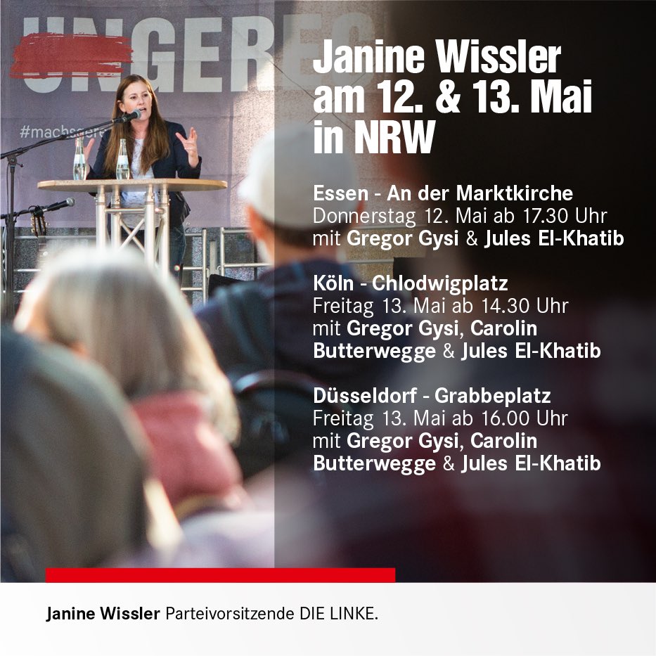 Endspurt im Wahlkampf in NRW. Zusammen mit GregorGysi, Carolin Butterwegge, Jules El-Khatib und vielen anderen Mitgliedern vor Ort kämpfen wir diese Woche um jede Stimme. In Essen, Köln und Düsseldorf. Am 15. Mai ist Landtagswahl in NRW. <a href="/DieLinkeNRW/">DIE LINKE. NRW</a> 

#NRW #dielinke #ltw #ltwnrw