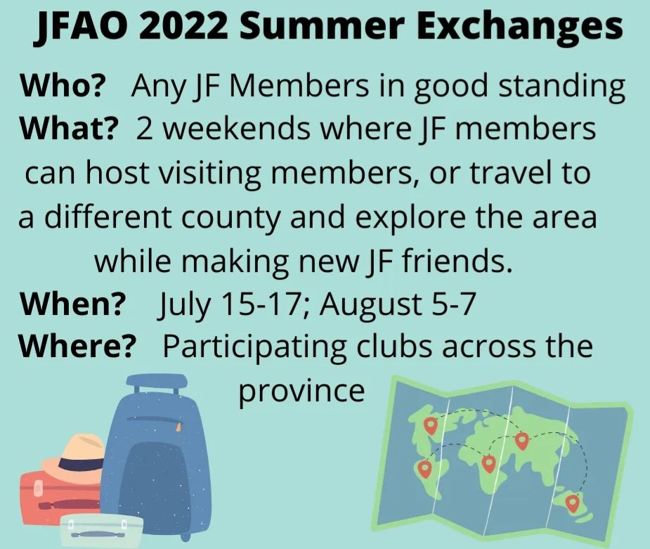 Exchange Announcement!! 📣🎉
Applications for this year's county to county exchanges will be available this FRIDAY!
Who else is flipping excited?!? 😄
 #jfaoexchange #summer #countytocounty