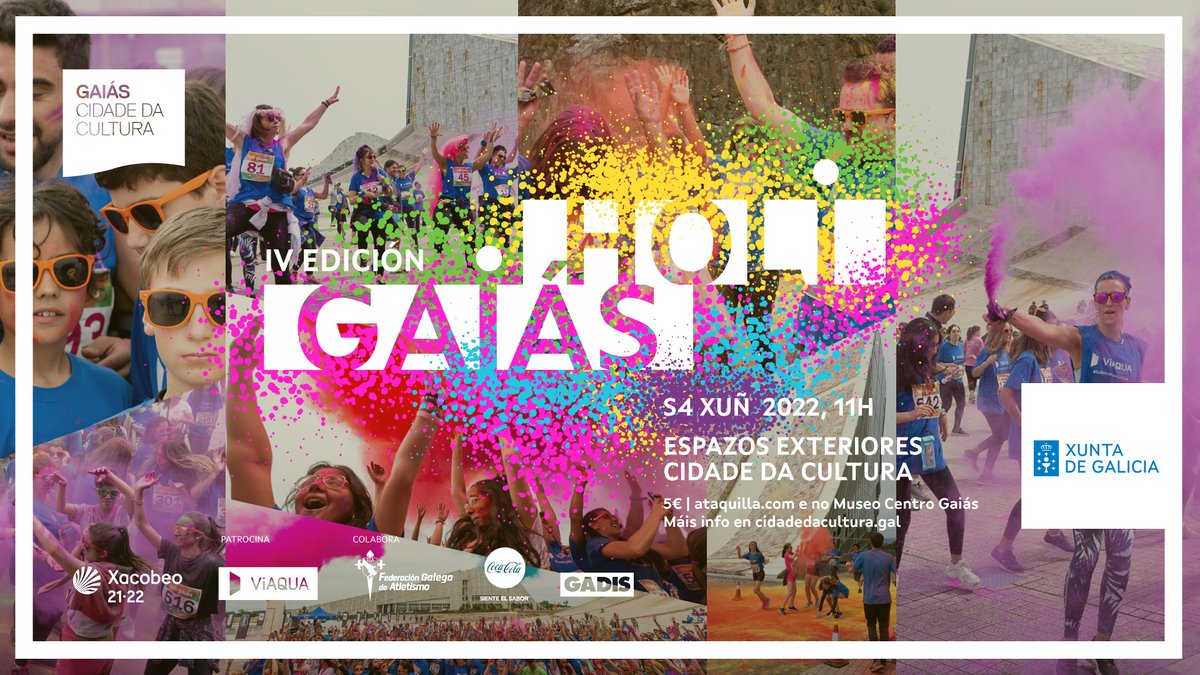 CidadedaCultura's tweet photo. Volve unha das carreiras máis festivas e coloridas de Galicia, a #HoliGaiás2022🎉. Xa están abertas as inscricións❗️
🗓️ Sábado 4 XUÑ | 11.00H 
📍 Exteriores Cidade da Cultura | 5Km
🎟️https://t.co/kyThsaaKsc
ℹ️ https://t.co/mFB0WjqdAC https://t.co/c5sY44Lc56