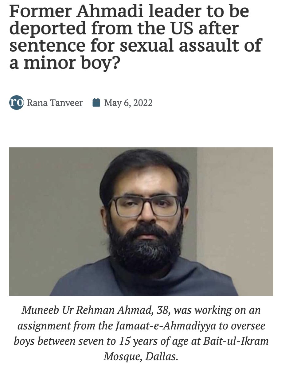 SAMRIReports's tweet image. Muneeb-ur-Rehman Ahmad, an ex-official of #Ahmadi community's Bait-ul-Ikram mosque in #Texas, could be deported after completion of his sentence i.e. yet to be announced.

He is charged with sexually abusing a 15-year-old boy over a period of 20 months.

religionobserver.com/religions/ahma…