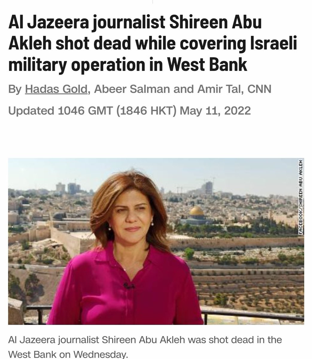 steffen_groth's tweet photo. Den kvindelige journalist Shireen Abu Akleh blev i dag skudt i hovedet og dræbt ifm. en israelsk militæraktion på Vestbredden. Hun var iklædt hjelm og vest med påskriften "Presse". Hendes kollega, som blev skudt i ryggen, fortæller, at de blev skudt af den israelske hær. https://t.co/zyIHPEQLyt