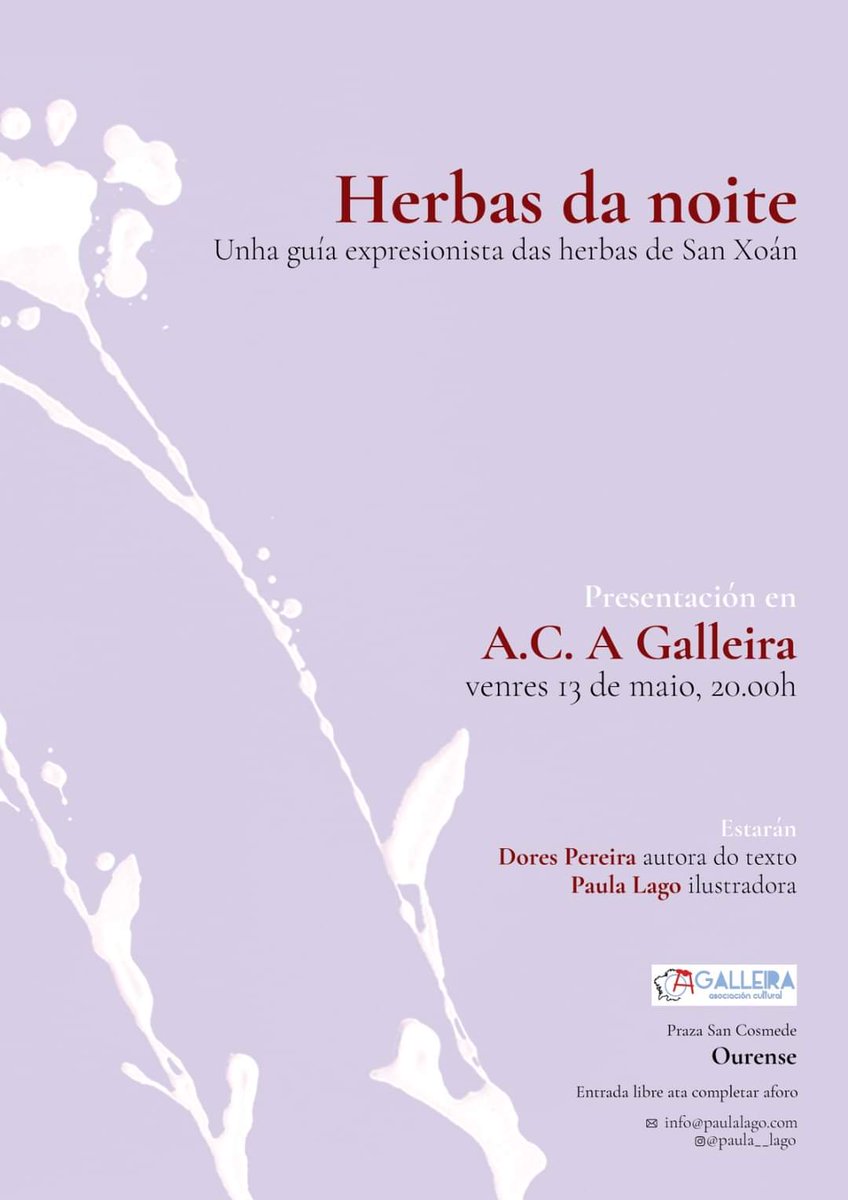 Este venres 13 de maio, teremos a presentación do libro "Herbas da noite" con Dores Pereira, autora do texto e máis Paula Lago, autora das ilustracións e da edición do libro. 

Anímate a vir e partilha!