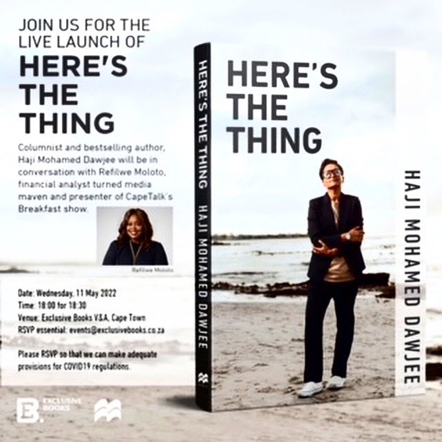 Tonight (Wednesday 11 May) 6pm at Exclusive Books at the Waterfront. Two of my faves <a href="/Sage_Of_Absurd/">Haji Mohamed Dawjee</a> in convo with @RefilWest about Haji's new book. An actual event, with cool people, about really cool stuff. Go go go!