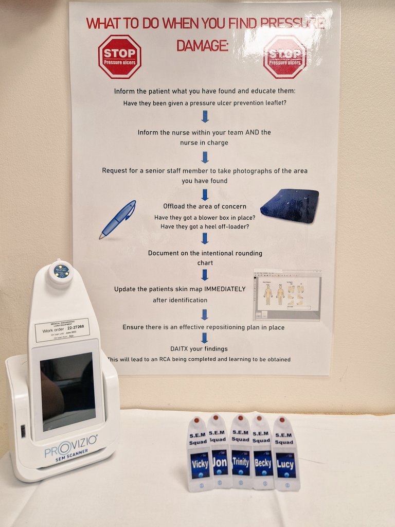 Ward12_lthtr's tweet photo. The 'S.E.M squad' have recieved their training ready to go live next week in our trial of S.E.M scanners. We aim to help improve identifying those at risk of skin damage and provide education + interventions to reduce pressure damage 🔎 🔴👌 #alwayssafetyfirst @AnneenCarlisle https://t.co/w7tTBdkfNK