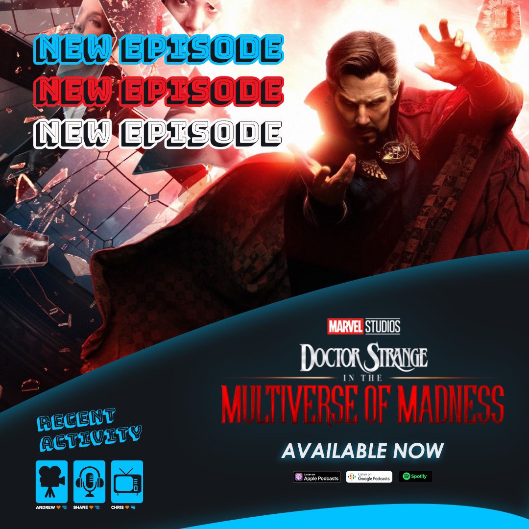 recentactpod's tweet photo. IT’S LAUNCH DAY 🚀 
We have 3 amazing episodes available RIGHT NOW!
Top 5 Movies of 2022 So Far,
Top 5 Shows of 2022 So Far, &amp; our review of #DoctorStrangeInTheMultiverseOfMadness 
🎧 https://t.co/Z8qPliInx8 https://t.co/M0EmPrrOwj