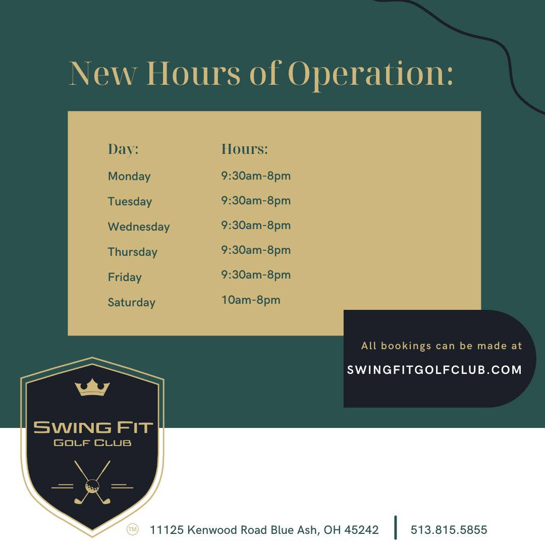 theswingfitgolf's tweet photo. Warm weather is appearing, which means new hours of operations for Swing Fit Golf Club! 
#Summer #Golf #Swingfit #Trackman https://t.co/FFjQAwaHbJ