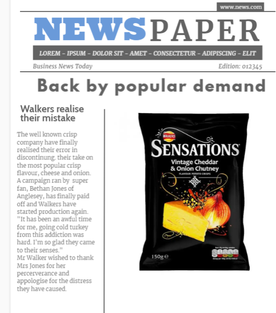 hofficanu's tweet photo. @walkers_crisps Picture this headline. Drool. Please make it so. #bringbacksensationsvintagecheddarandonionchutney https://t.co/v0HnJnqRGP