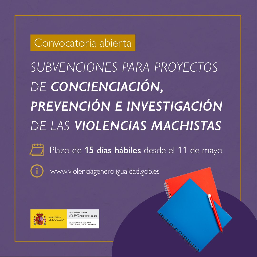DelGobVG's tweet photo. ‼️ CONVOCATORIA ABIERTA

👩‍💻 Subvenciones para programas y proyectos de concienciación, prevención e investigación de las distintas formas de violencia contra las mujeres para 2022.

🗓️ Plazo de 15 días hábiles desde hoy, 11 de mayo.
📲 Toda la información: https://t.co/NCjGk6KKEa https://t.co/VmuvLfz3fm