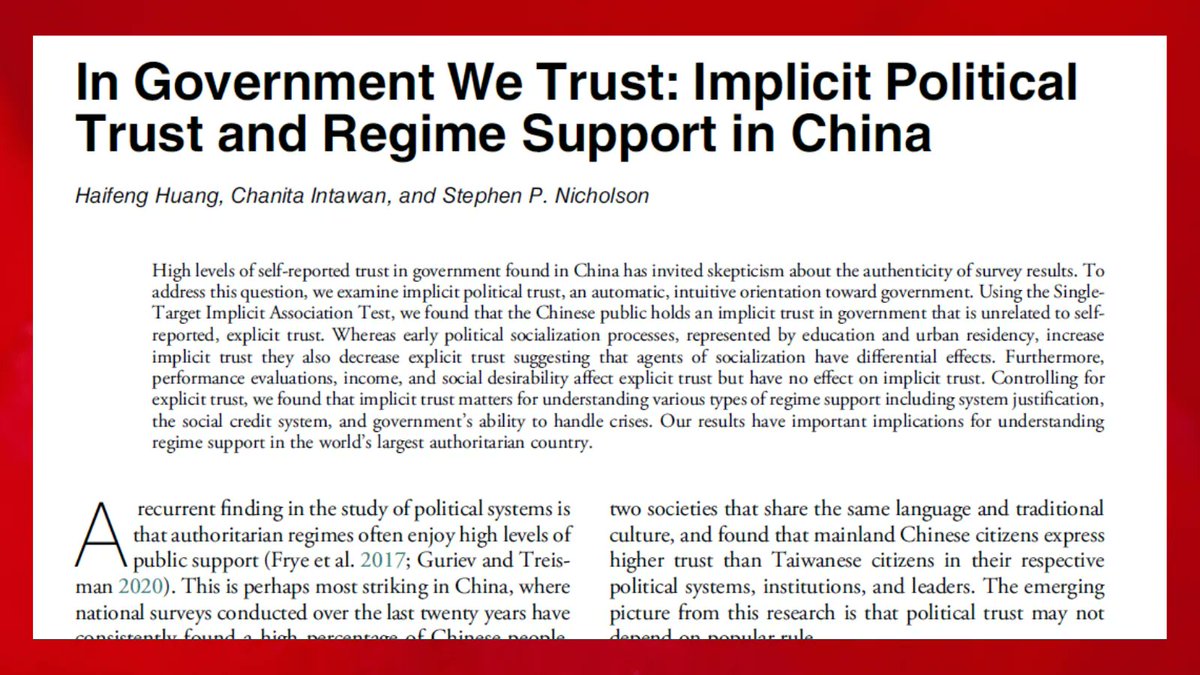 PoPpublicsphere's tweet photo. "Our results have important implications for understanding regime support in the world’s largest authoritarian country"
IN GOVERNMENT WE TRUST: IMPLICIT POLITICAL TRUST & REGIME SUPPORT IN #CHINA
By @haifeng_huang, Chanita Intawan & Stephen P. Nicholson
https://t.co/BDTm56U5cx https://t.co/501DPAOh8A