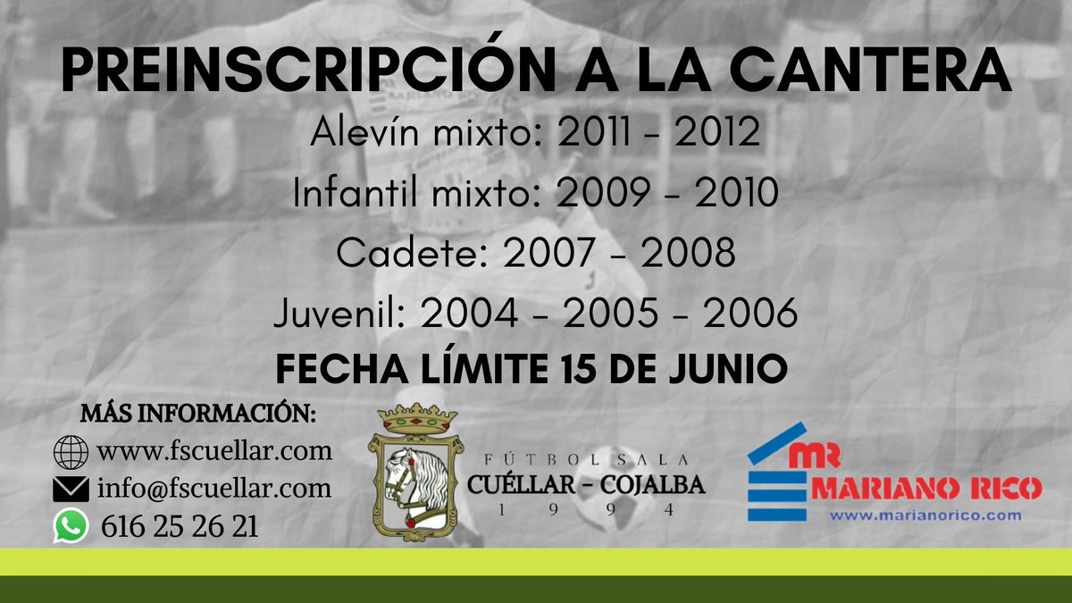 FSCuellar's tweet photo. CANTERA| Desde hoy da comienzo la preinscripción para La Cantera para la próxima temporada.

Si quieres jugar al fútbol sala con nosotros o conoces a alguien que quiera hacerlo ponte en contacto con nosotros cuanto antes.

¡¡Tienes hasta el 15 de JUNIO!!
.
#OrgulloDeUnaVilla💚 https://t.co/SE2E6zgtXY