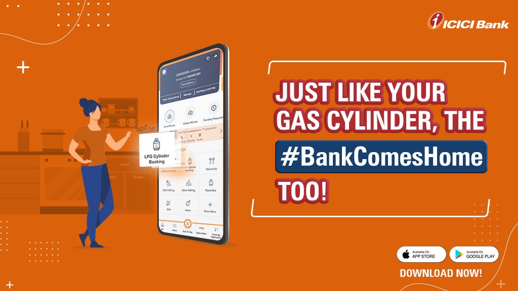 ICICIBank's tweet photo. Now, book your LPG cylinder on the go! With ICICI Bank #iMobilePay, you no more have to worry about running out of gas. The #BankComesHome to take care of all your essential needs!

Download the app to get started: https://t.co/8oiFFXwFLy https://t.co/IHgTB8lnWJ