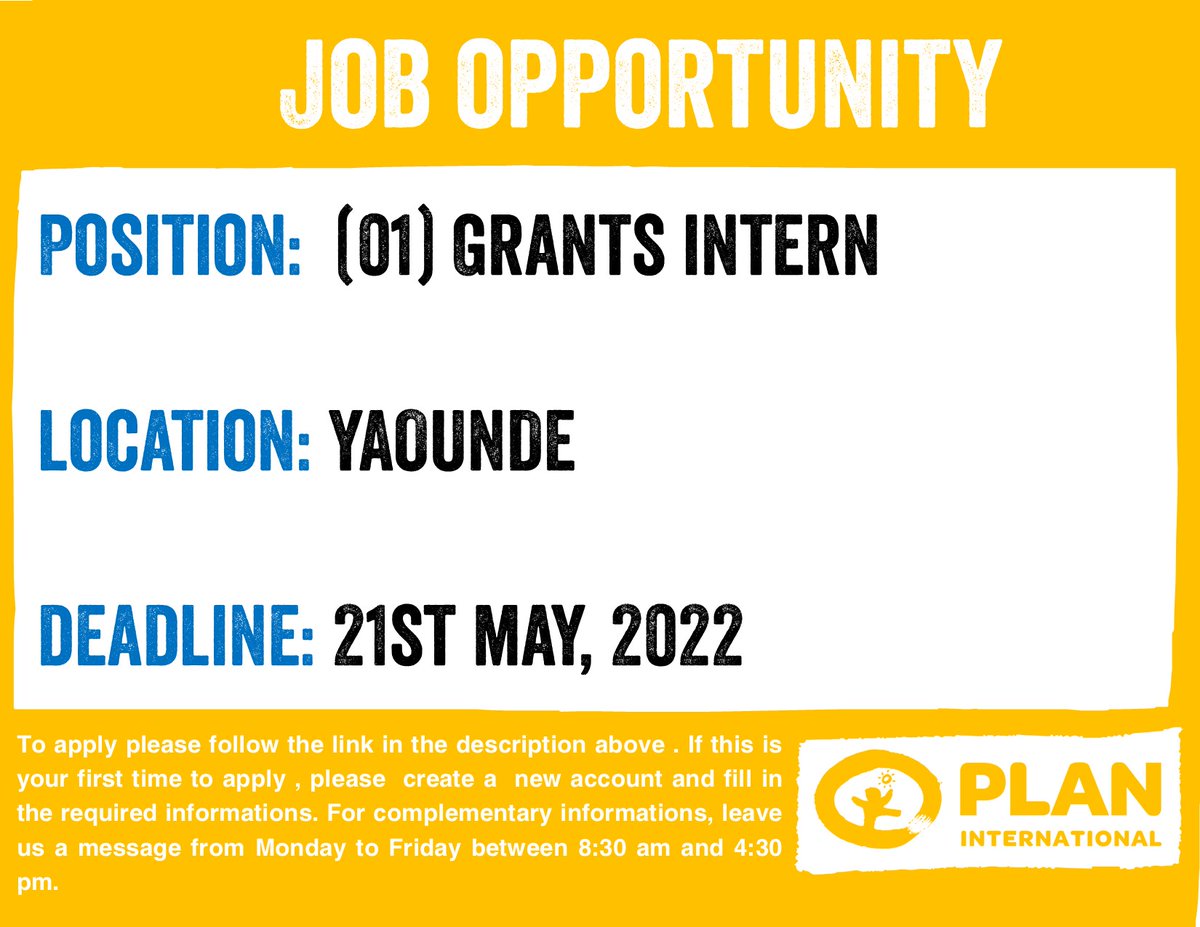 PlanCameroon's tweet photo. JOB OPPORTUNITY🗣🗣
Plan International Cameroon is recruiting for the following position based in Yaoundé:
01 Grants Intern: 👇👇
https://t.co/pvELLQG01r

#planinternationalcameroon
#planinternational https://t.co/yUksaWgDsf