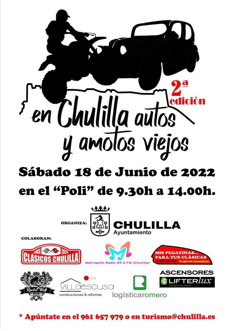 2ª edición de "EN CHULILLA AUTOS Y AMOTOS VIEJOS"

🔸 Sábado 18 de junio, desde las 9:30h. hasta las 14:00h. en el 
     "Polideportivo Municipal de Chulilla"
🔸Abierta la inscripción en la oficina de turismo (961 657 979), o 
    enviando un mail: turismo@chulilla.es