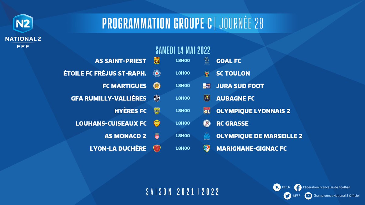 JuraSudFoot's tweet photo. [Championnat N2] 🔵⚪️

Programmation #N2 Groupe C – Journée 28

@fc_martiguesoff
Vs
@JuraSudFoot 

#jsffamily https://t.co/rl15opCV10