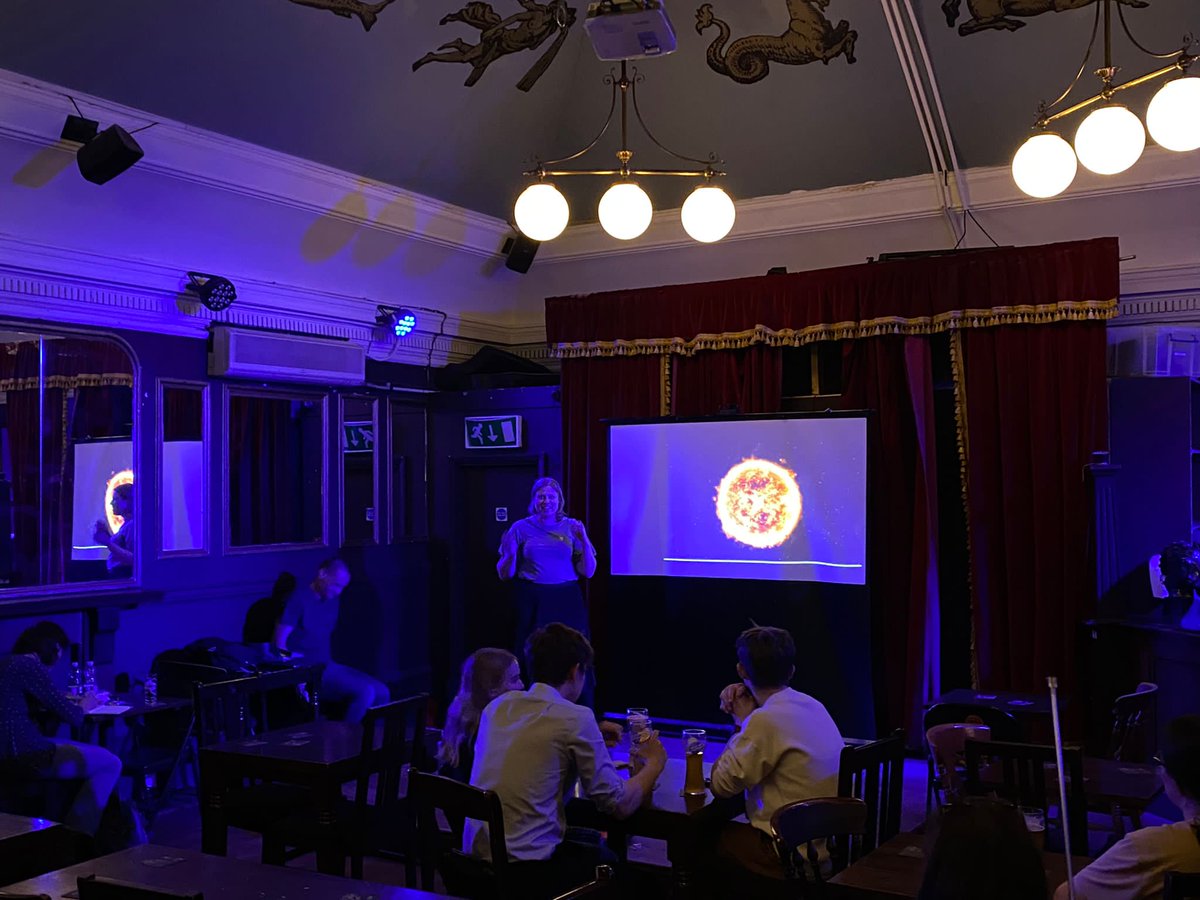 Some photos of our event last night where a volunteer came up to the stage to be blindfolded and throw confetti (representing untargeted radioactivity) whilst trying to find a tumour (circle on the ground) <a href="/KingsImaging/">Biomedical Engineering & Imaging Sciences</a> <a href="/pintofscience/">Pint of Science UK</a>  #PintOfScience2022