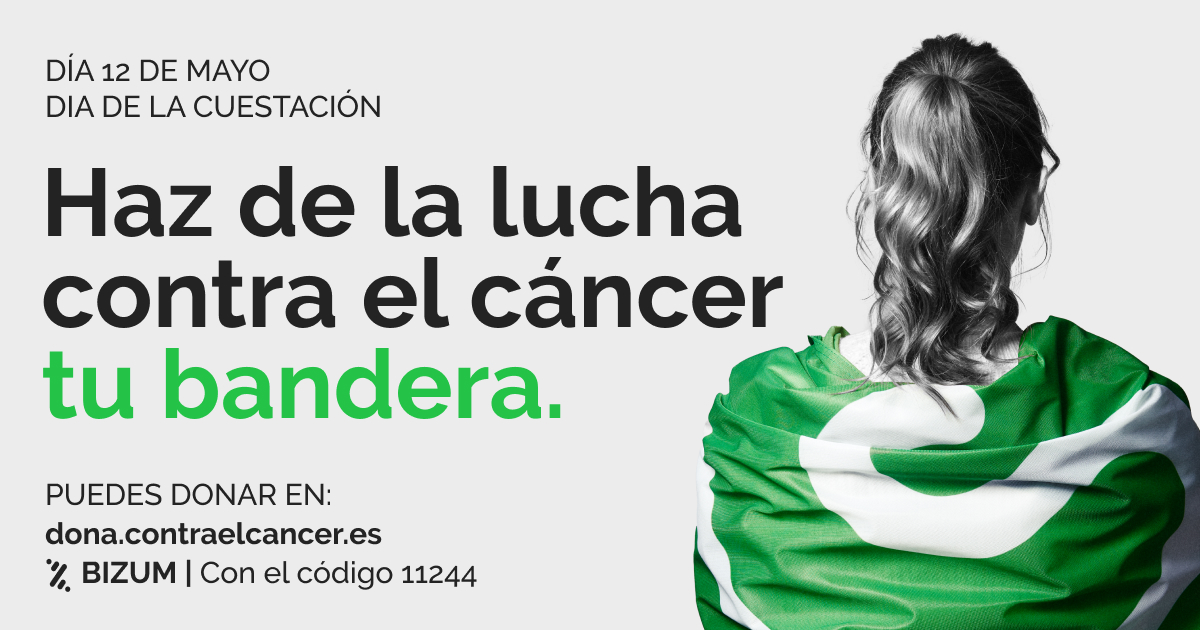 "¡Hoy es el Día de la Cuestación de la Asociación Española Contra el Cáncer! Sal a la calle, echa una moneda en nuestras huchas, ayuda a las personas con cáncer y consigue que la supervivencia ascienda a un 70%"
Web:  colabora.contraelcancer.es/cuestacion
Bizum:  11244#banderacontraelcáncer