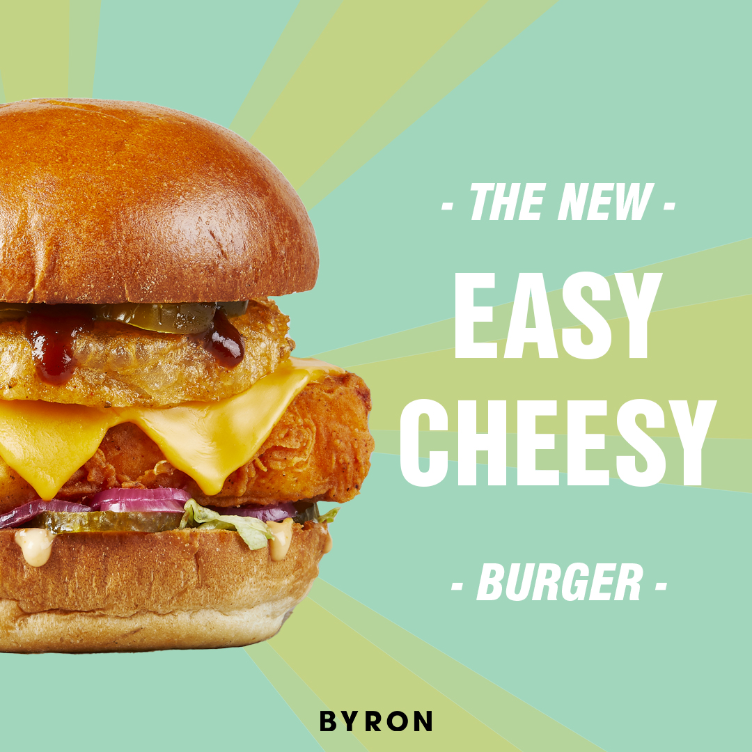 It's easy peasy - we LOVE the Easy Cheesy 🤤 Indulge in Byron's brand-new vegetarian burger; irresistible combining buttermilk fried Halloumi, homemade pickled red onion, American cheese and Byron sauce - topped with a crispy beer battered onion ring. Sign us up! 🍔