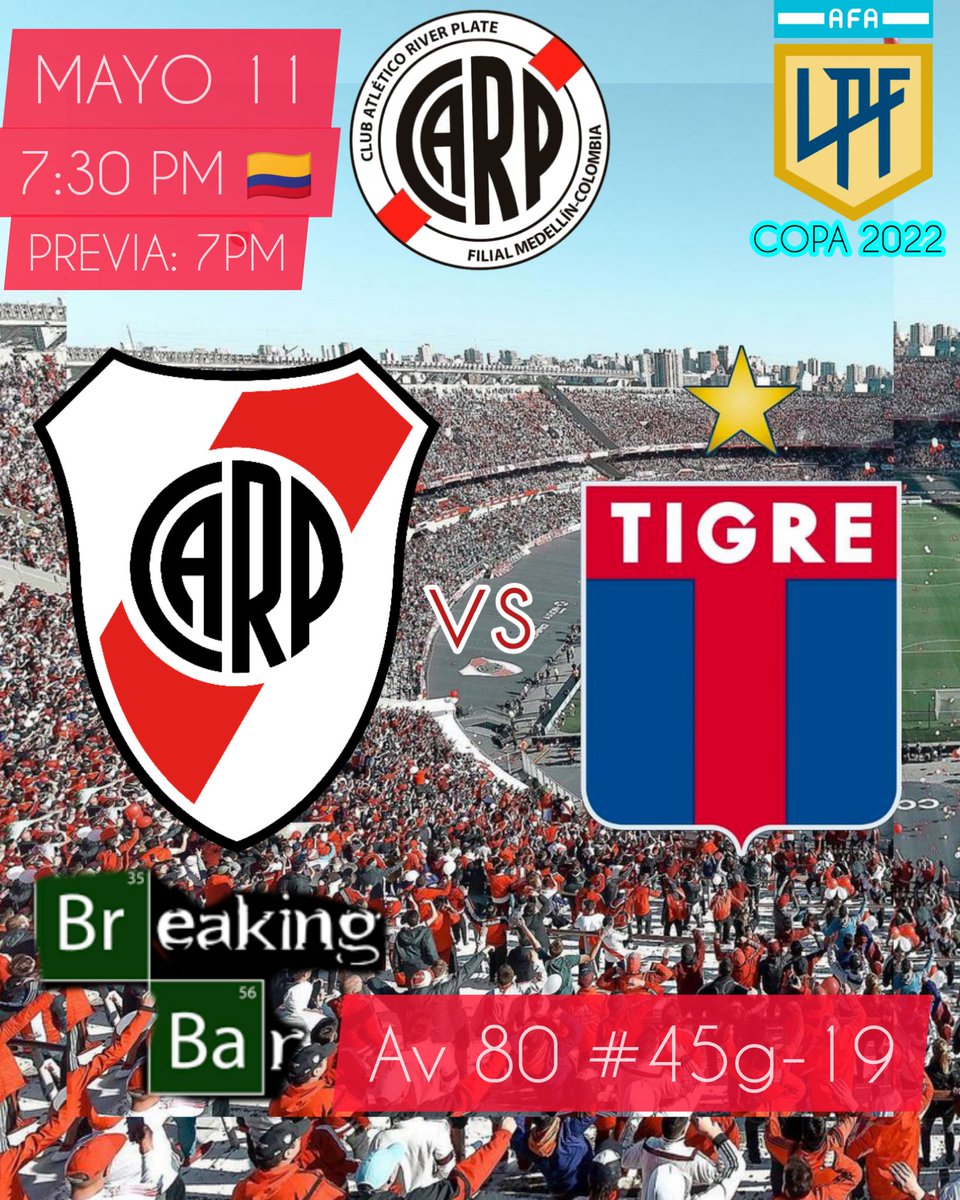 FilialMedellin's tweet photo. ¡¡¡ HOY JUEGA RIVER !!! 

VENÍ A ALENTAR CON LA BANDA DE MEDELLÍN 🇮🇩 NOS VEMOS ESTA NOCHE EN #BreakingBar (Dos cuadras arriba de la estación Floresta del Metro)

#VamosTodosUnidos
#ColombiaEsDeRIVER
#MedellinMonumental https://t.co/IdAms7gCtf